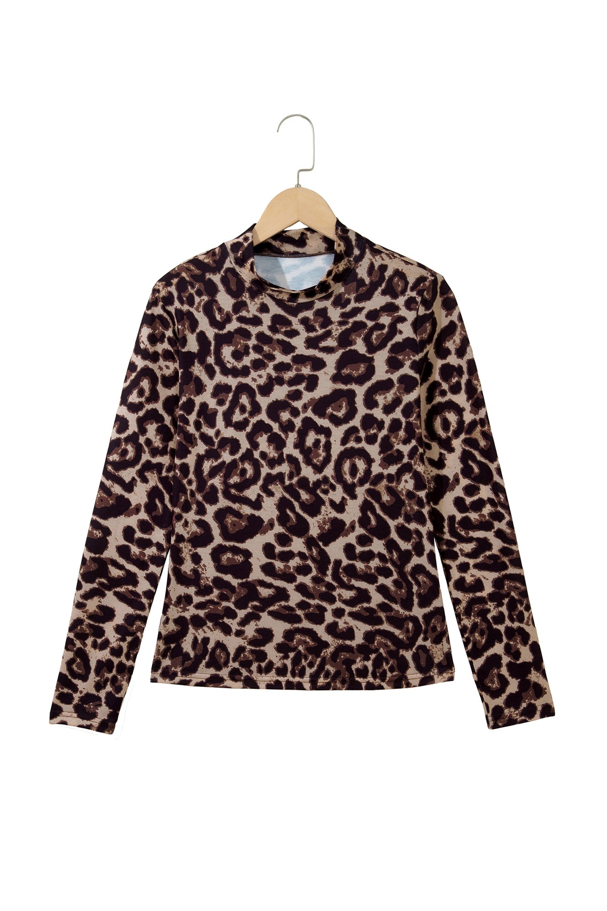 Khaki Leopard High Neck Long Sleeve Western Slim Top-Tops/Long Sleeve Tops-[Adult]-[Female]-2022 Online Blue Zone Planet