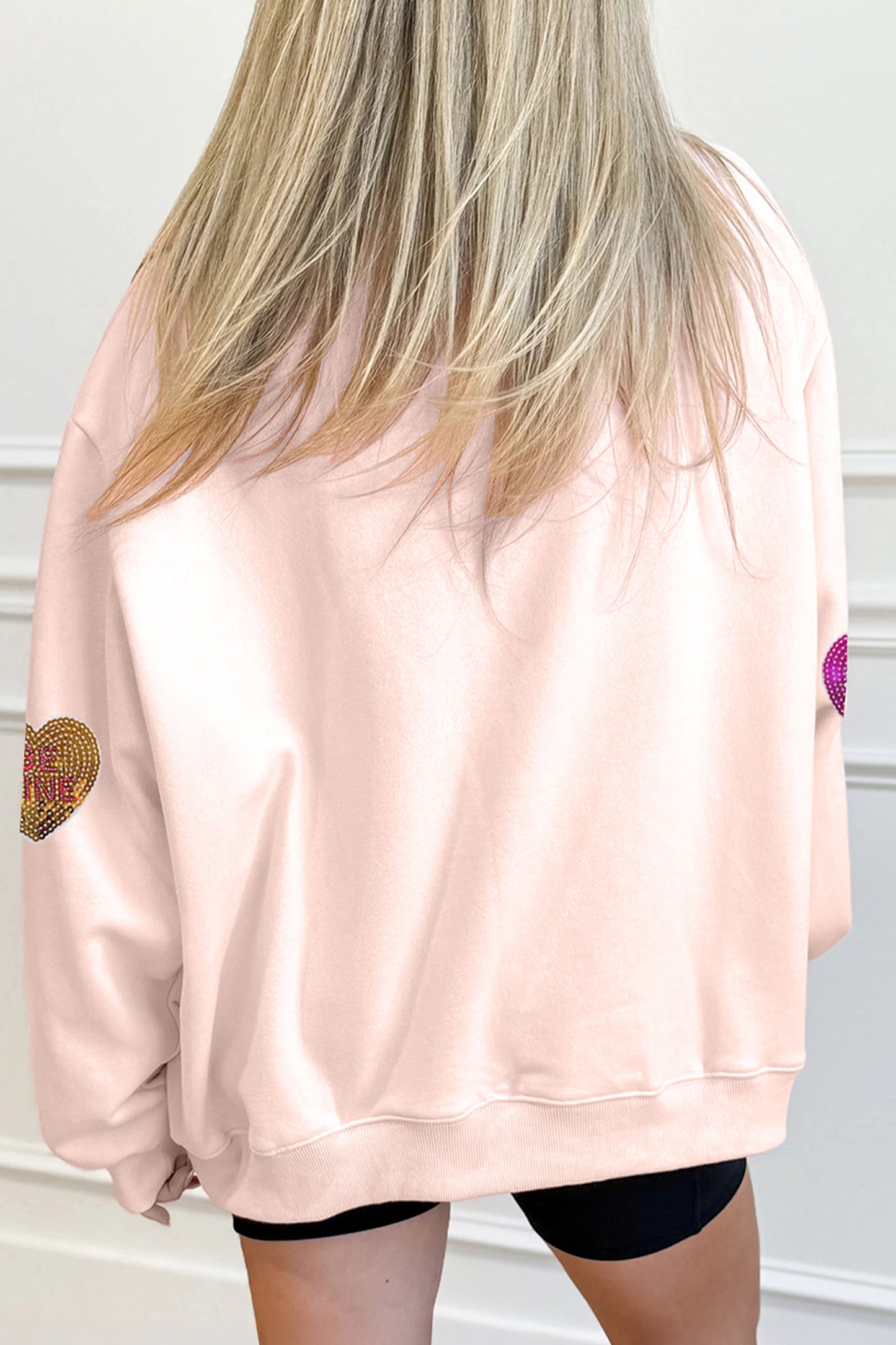 Apricot Pink Valentines Slogan Sequin Heart Patched Mock Neck Sweatshirt-Graphic Sweatshirts-[Adult]-[Female]-2022 Online Blue Zone Planet