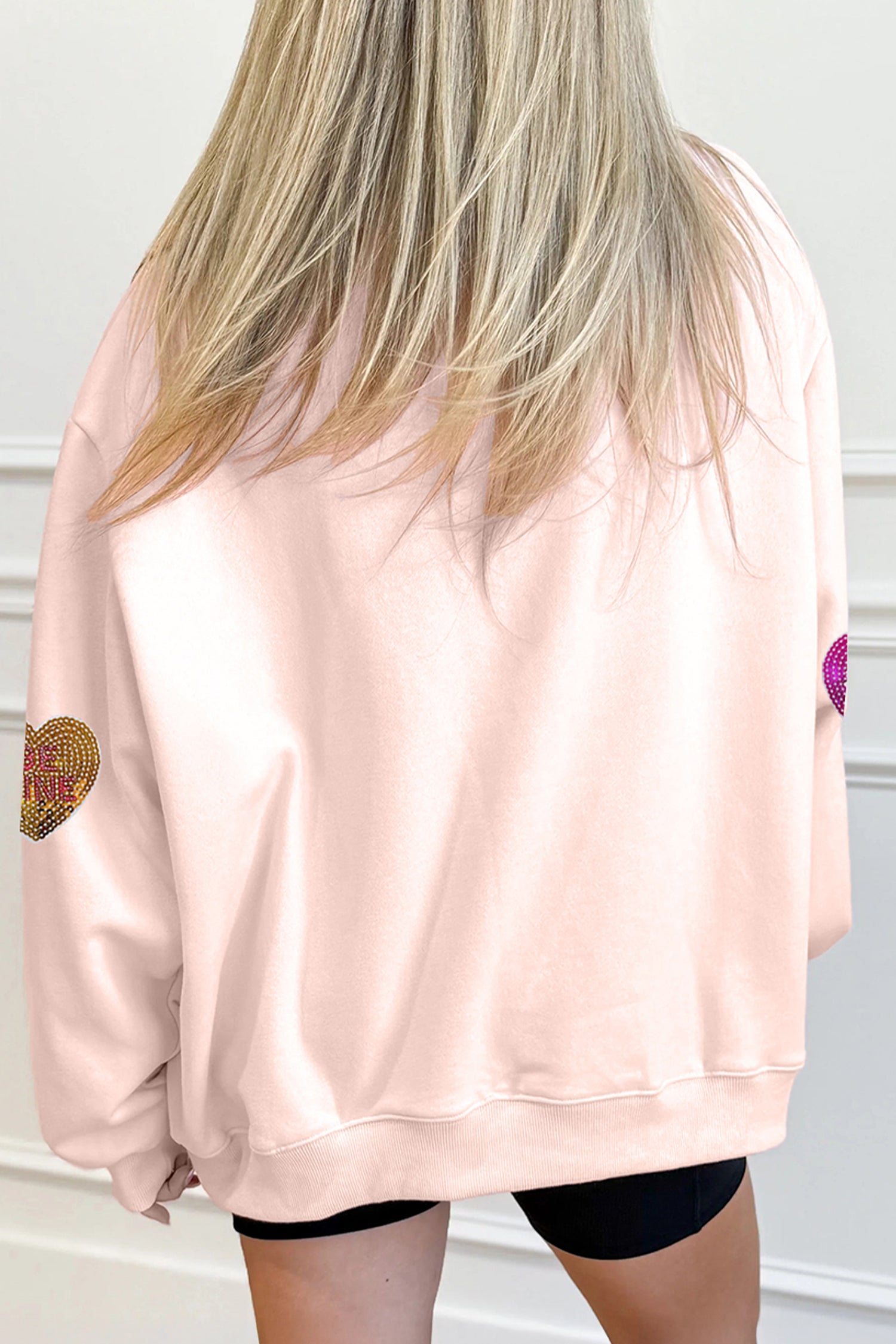Apricot Pink Valentines Slogan Sequin Heart Patched Mock Neck Sweatshirt-Graphic Sweatshirts-[Adult]-[Female]-2022 Online Blue Zone Planet