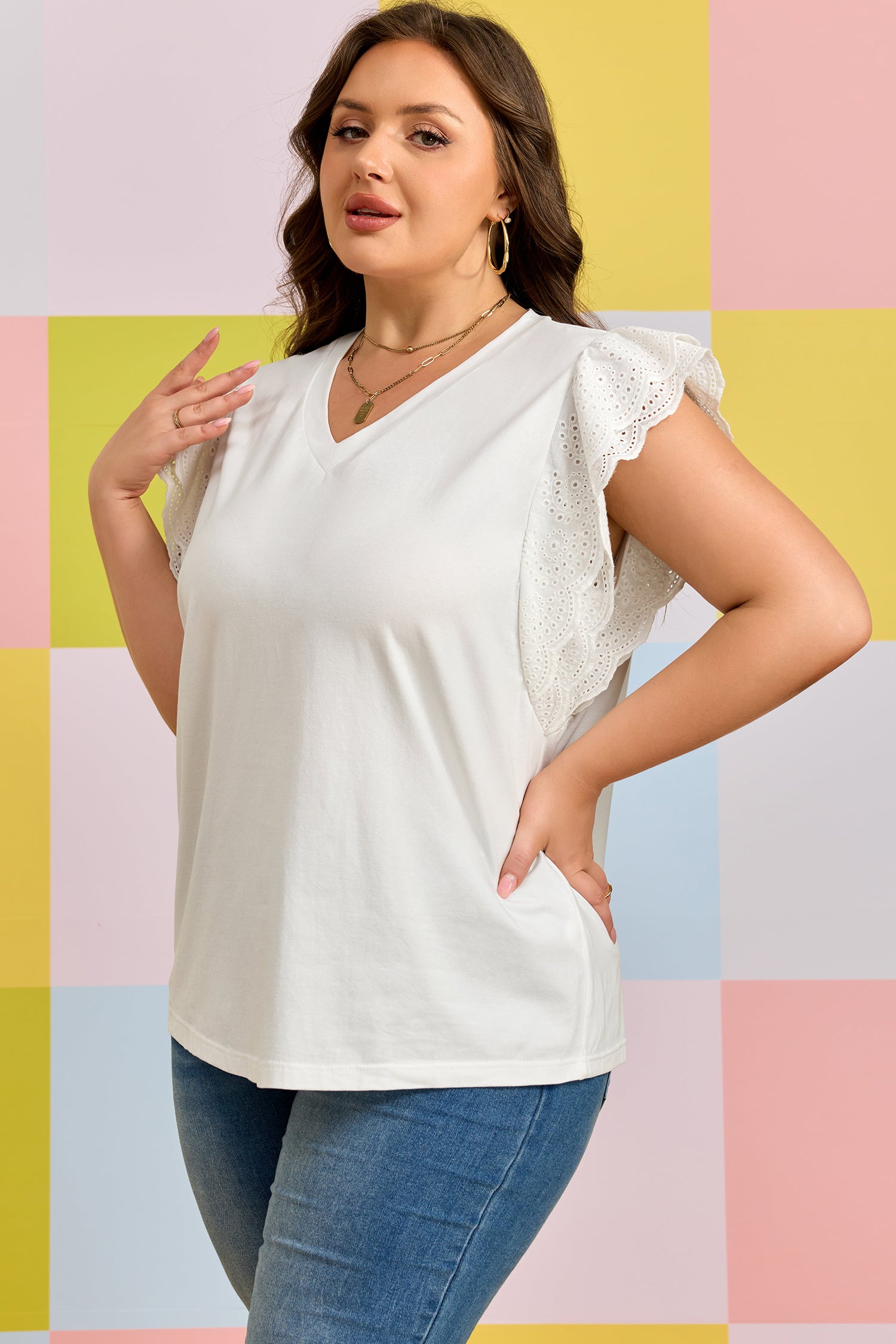 White Eyelet Crochet Splicing Short Sleeve Plus Size Tee-Plus Size/Plus Size Tops/Plus Size Tops & Tees-[Adult]-[Female]-2022 Online Blue Zone Planet