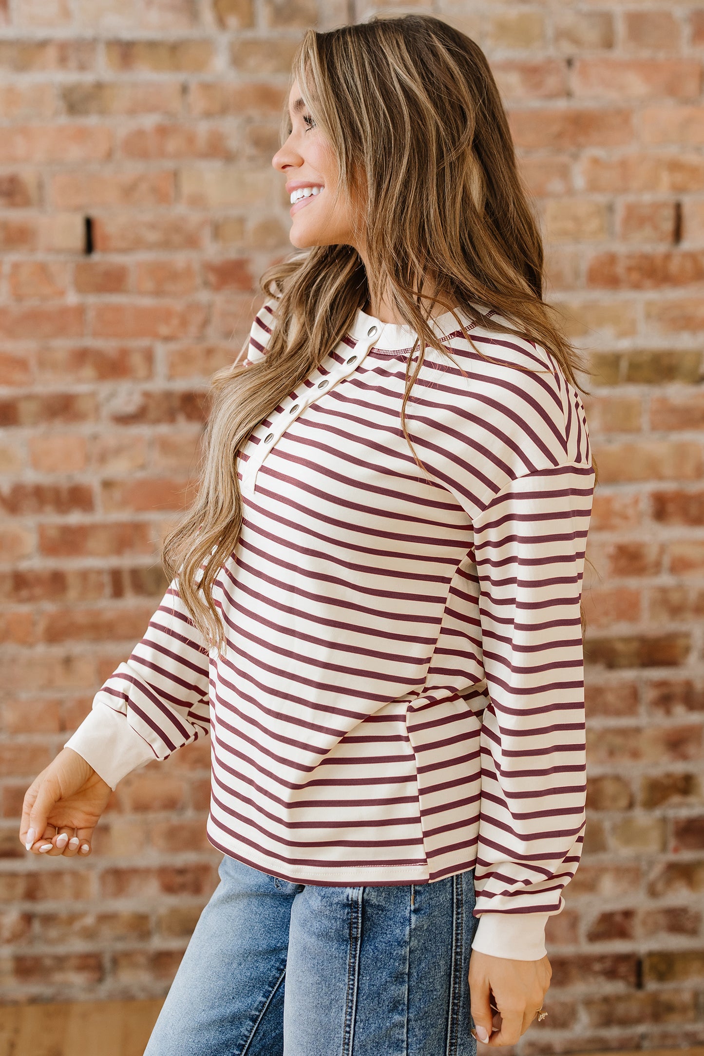 Red Dahlia Striped Print Drop Shoulder Long Sleeve Henley Top-Tops/Long Sleeve Tops-[Adult]-[Female]-2022 Online Blue Zone Planet