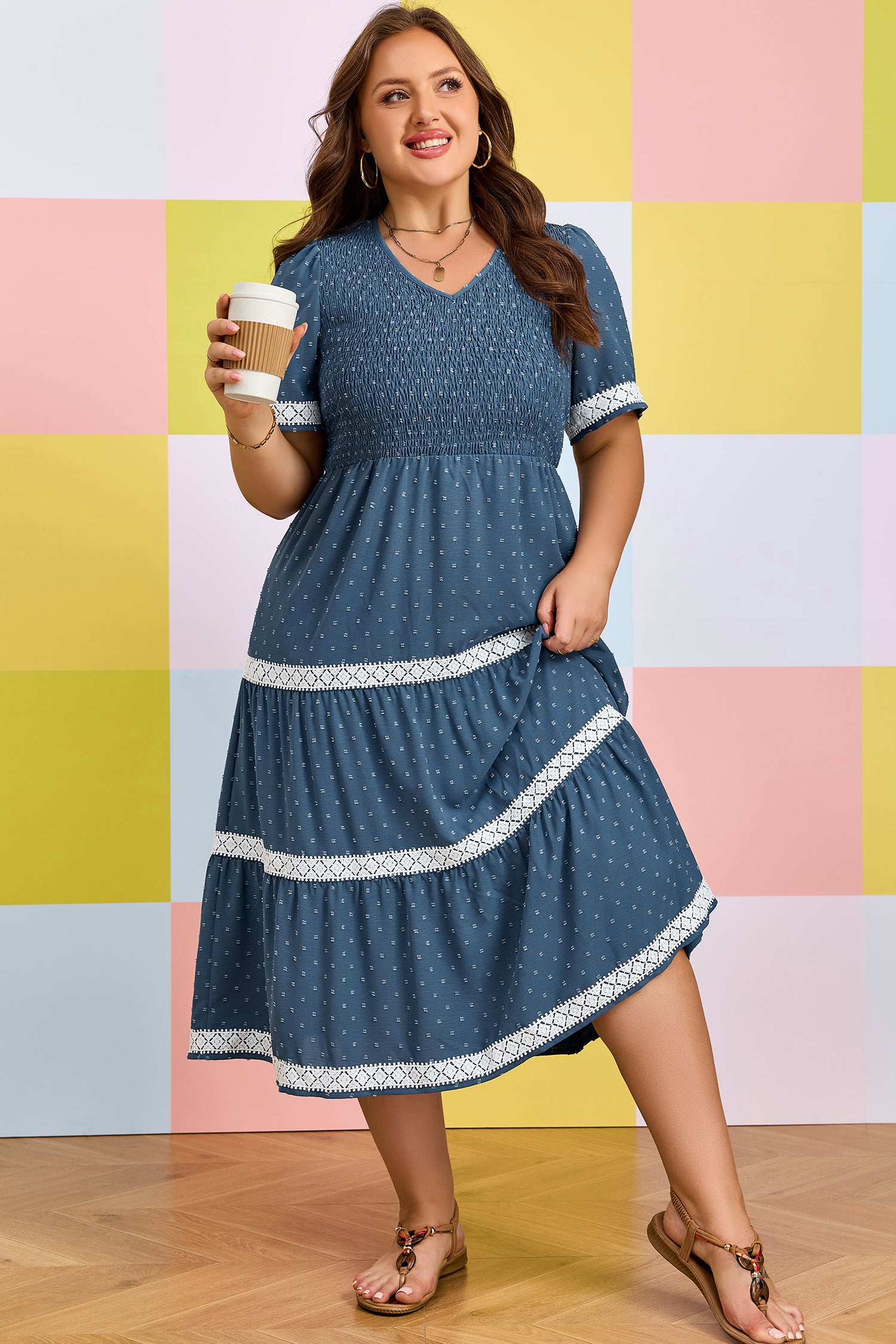 Dusk Blue Plus Size V Neck Swiss Dot Lace Patchwork Detail Flared Midi Dress-Plus Size/Plus Size Dresses/Plus Size Midi Dresses-[Adult]-[Female]-2022 Online Blue Zone Planet