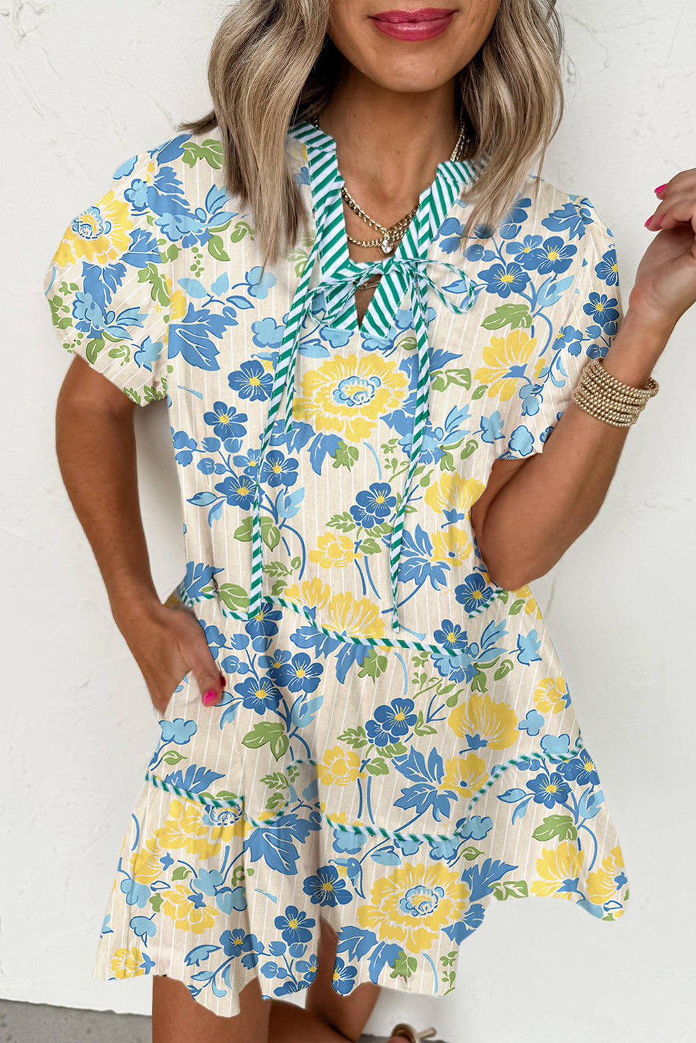 Blue Floral Striped Trim Puff Short Sleeve Dress-TOPS / DRESSES-[Adult]-[Female]-Blue-S-2022 Online Blue Zone Planet
