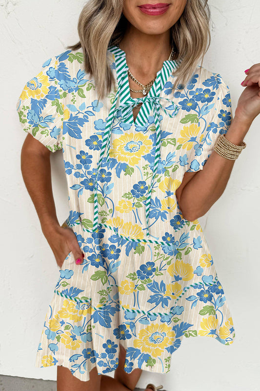 Blue Floral Striped Trim Puff Short Sleeve Dress-TOPS / DRESSES-[Adult]-[Female]-Blue-S-2022 Online Blue Zone Planet