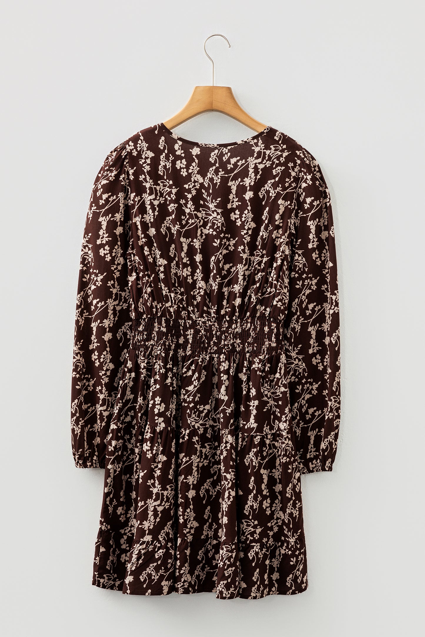 Brown Ditsy Floral Print Split Neck Long Sleeve Shirred Waist Flared Mini Dress-TOPS / DRESSES-[Adult]-[Female]-2022 Online Blue Zone Planet