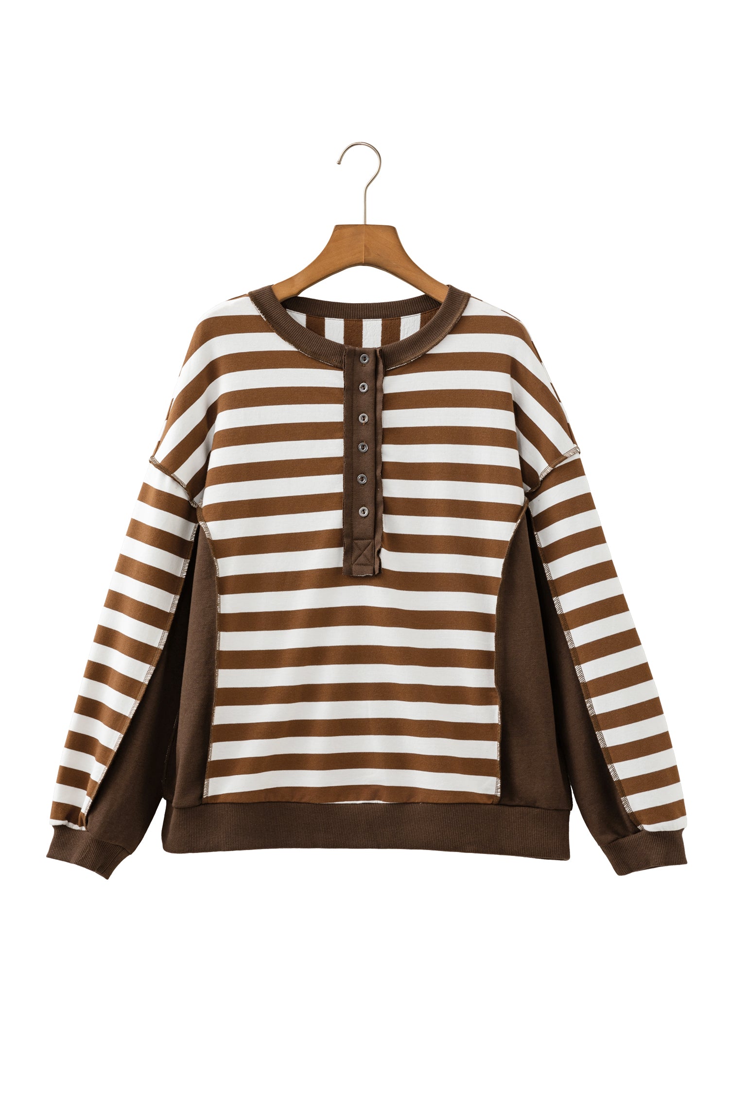 Brown Stripe Exposed Seam Color Block Patchwork Button Placket Sweatshirt-Tops/Sweatshirts & Hoodies-[Adult]-[Female]-2022 Online Blue Zone Planet