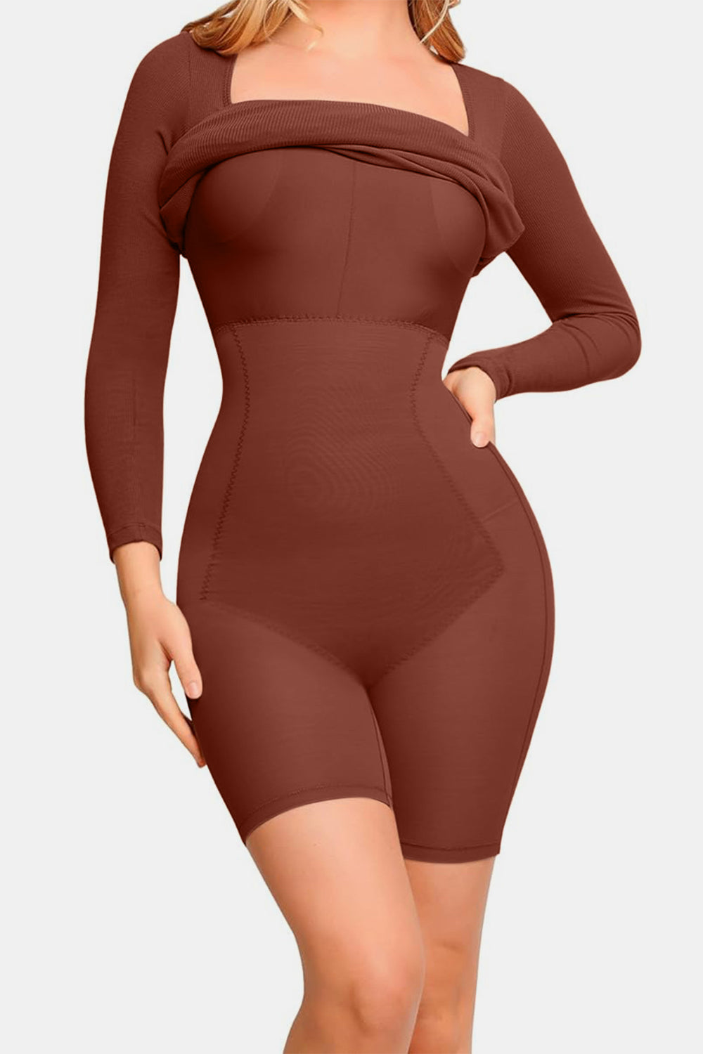 Blue Zone Planet | Basic Bae Full Size Built-In Shapewear Square Neck Long Sleeve Dress-TOPS / DRESSES-[Adult]-[Female]-2022 Online Blue Zone Planet