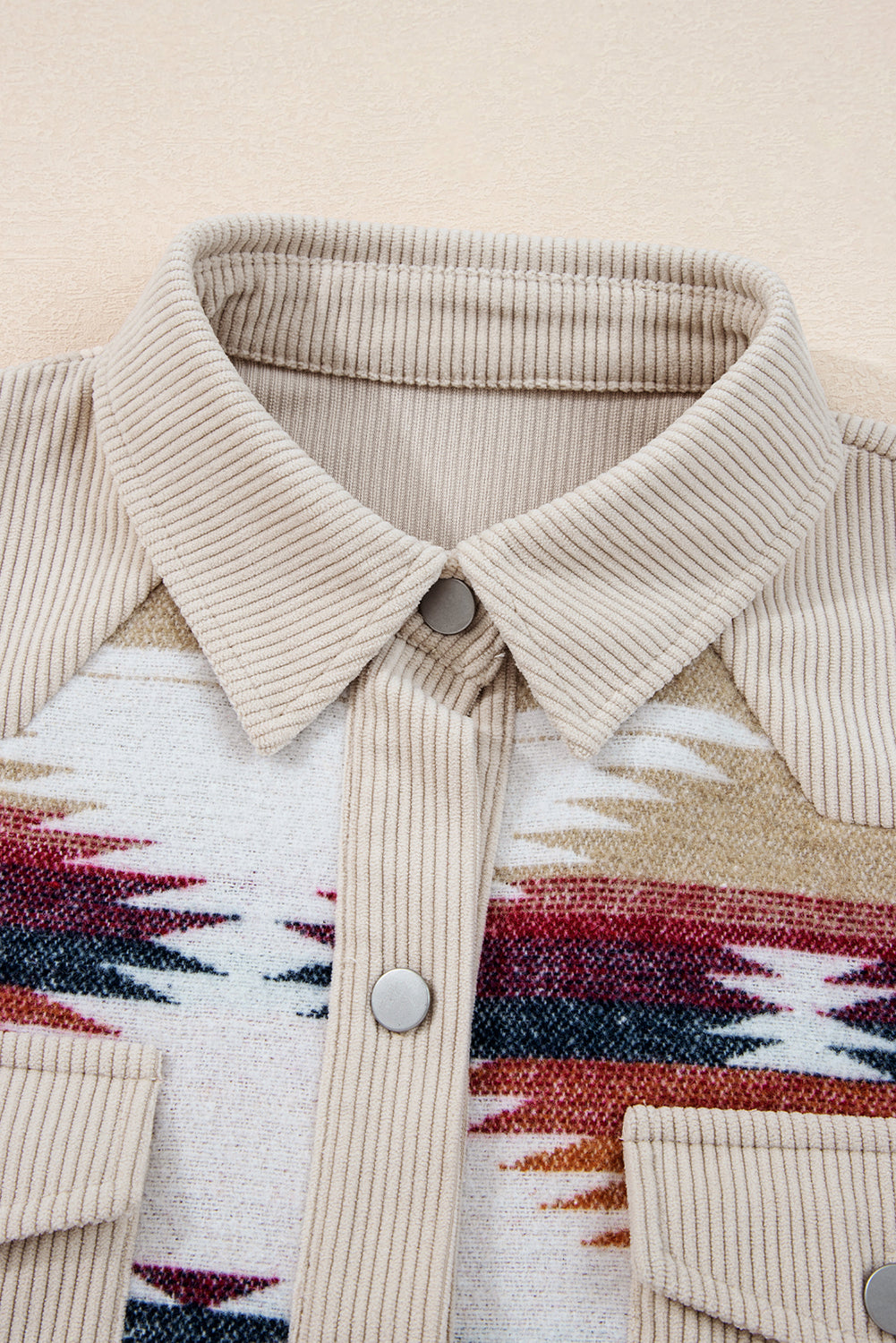 Multicolour Western Aztec Striped Patchwork Double Flap Pocket Raw Hem Shacket-Outerwear/Jackets-[Adult]-[Female]-2022 Online Blue Zone Planet