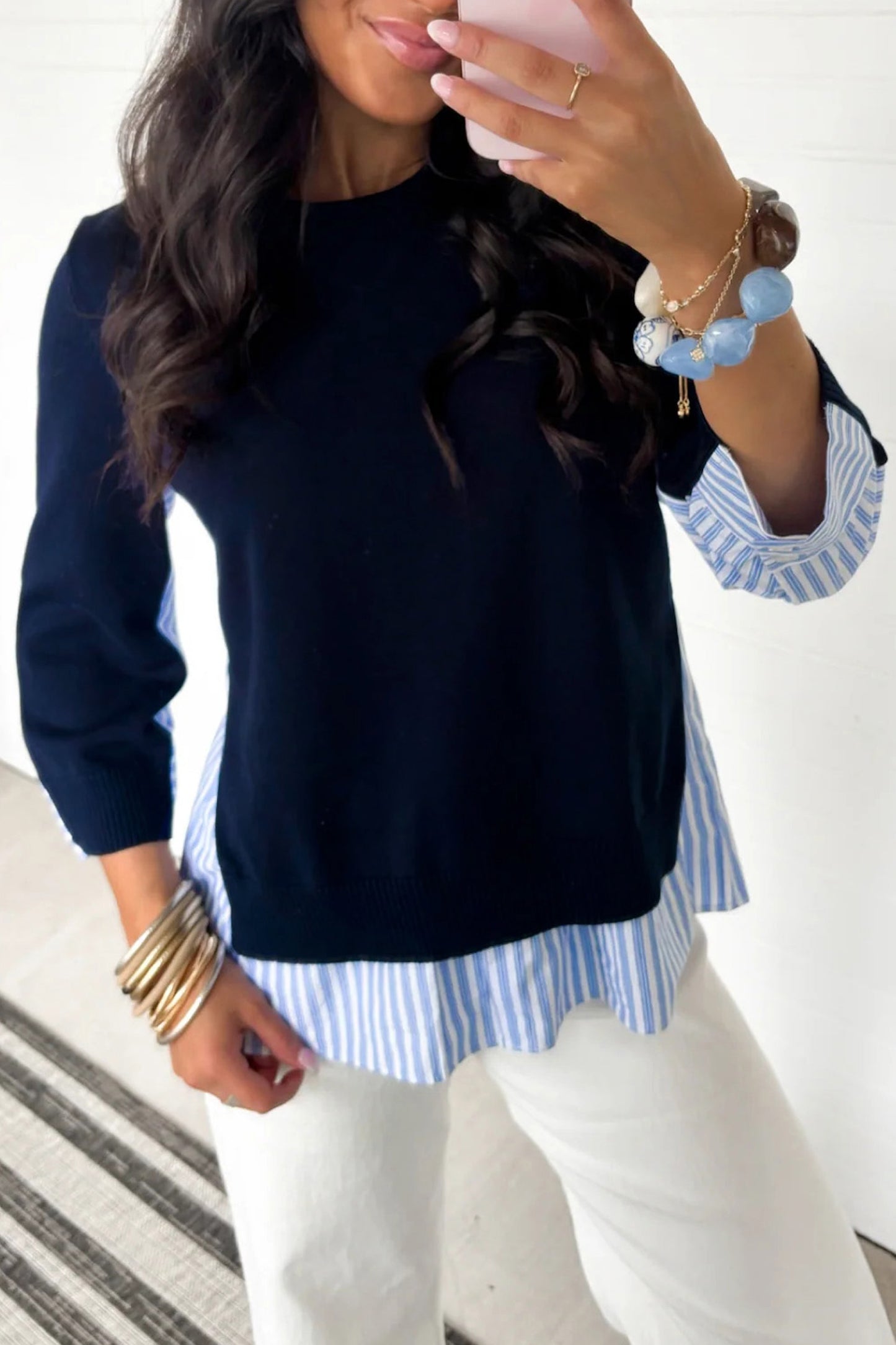 Navy Blue Drop Shoulder Long Sleeve Striped Pullover Sweater