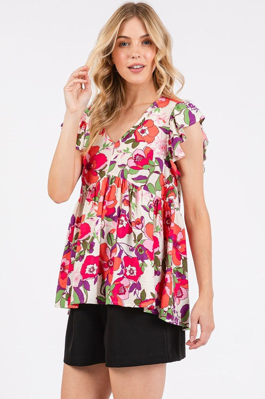 Mittoshop Floral V-Neck Ruffled Cap Sleeve Blouse-TOPS / DRESSES-[Adult]-[Female]-2022 Online Blue Zone Planet