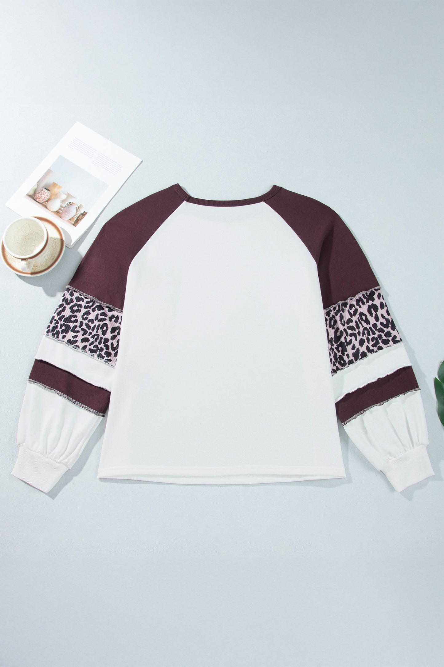 Beige Leopard Print Colorblock Round Neck Long Sleeve Plus Size Blouse-Plus Size/Plus Size Tops/Plus Size Long Sleeve Tops-[Adult]-[Female]-2022 Online Blue Zone Planet