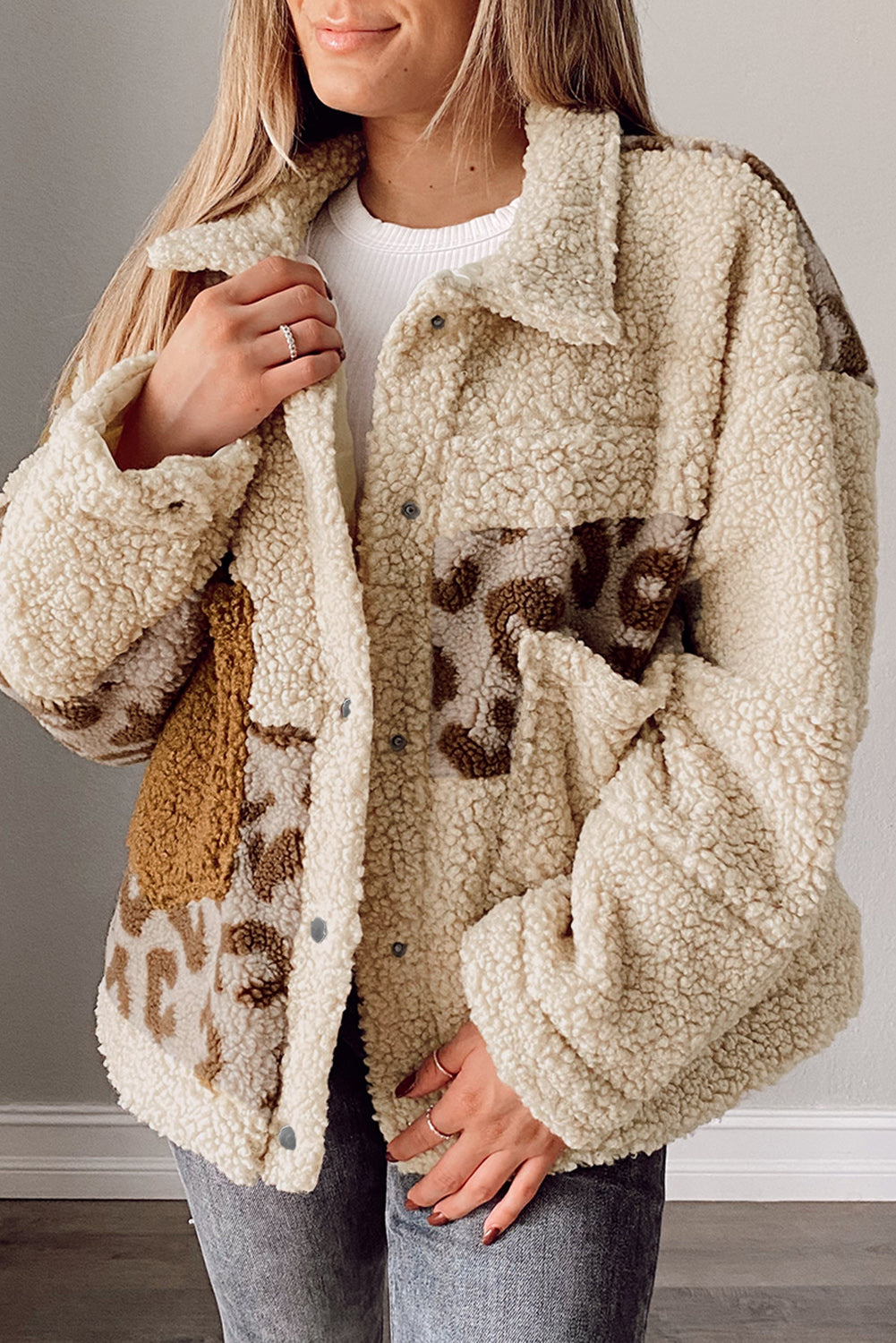 Blue Zone Planet | Beige Leopard Patchwork Snap Buttons Sherpa Jacket-Outerwear/Jackets-[Adult]-[Female]-Beige-S-2022 Online Blue Zone Planet