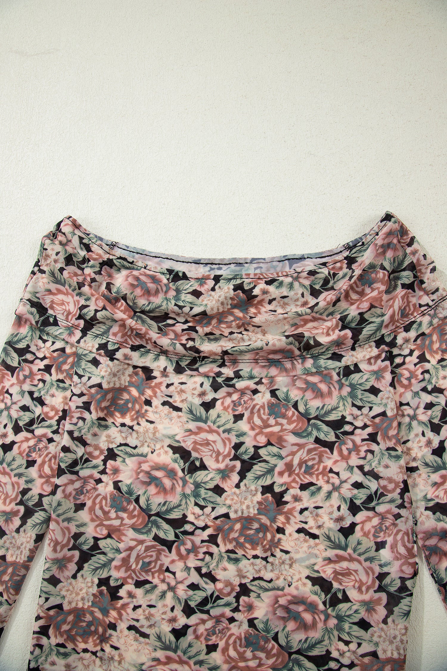 Black Floral Print Mesh Long Sleeve Foldover Off Shoulder Top-Tops/Long Sleeve Tops-[Adult]-[Female]-2022 Online Blue Zone Planet