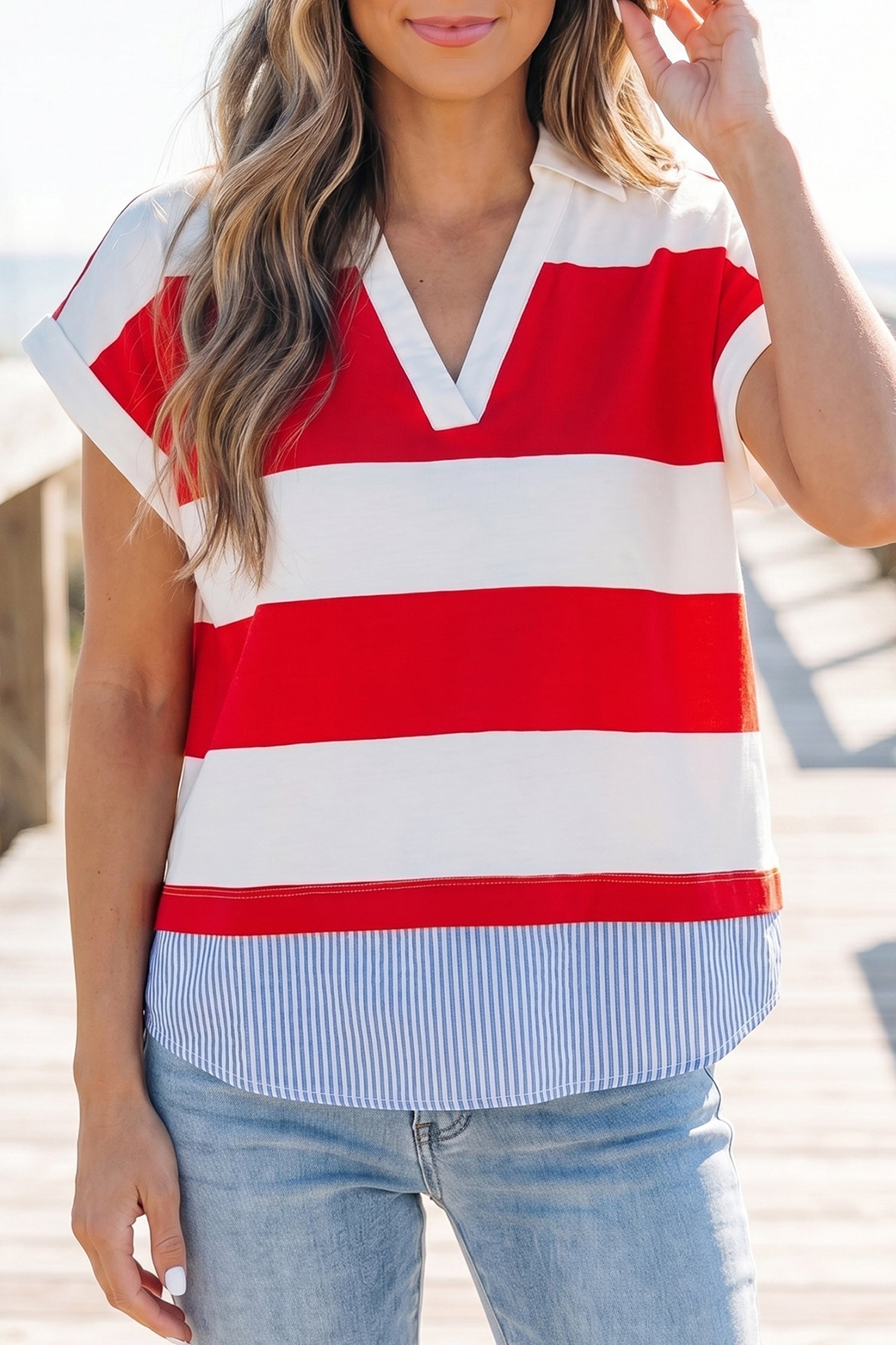 Red Stripe Collar V Neck Cuffed Dolman Short Sleeve Top-Tops/Blouses & Shirts-[Adult]-[Female]-2022 Online Blue Zone Planet