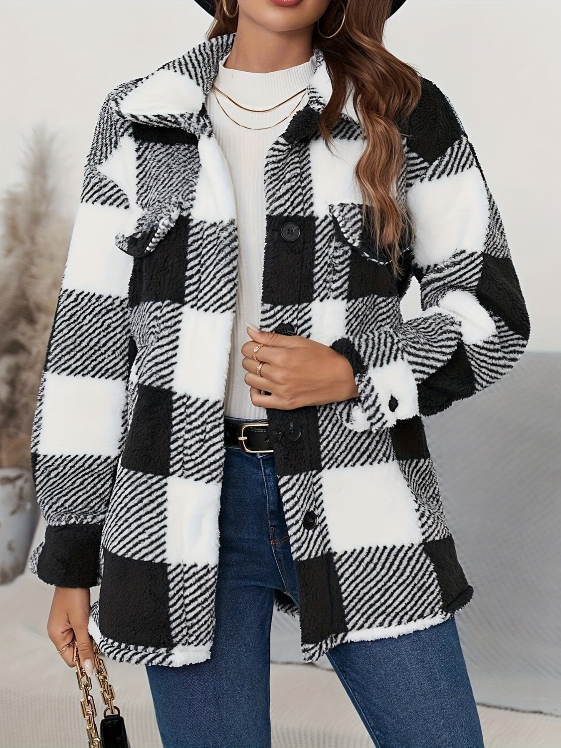 Blue Zone Planet | Plaid Button Up Long Sleeve Fuzzy Outerwear-TOPS / DRESSES-[Adult]-[Female]-2022 Online Blue Zone Planet