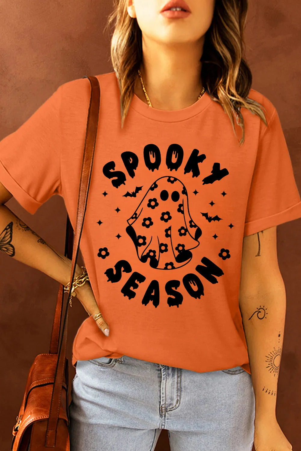 Graphic Round Neck Short Sleeve T-Shirt-TOPS / DRESSES-[Adult]-[Female]-Orange-S-2022 Online Blue Zone Planet