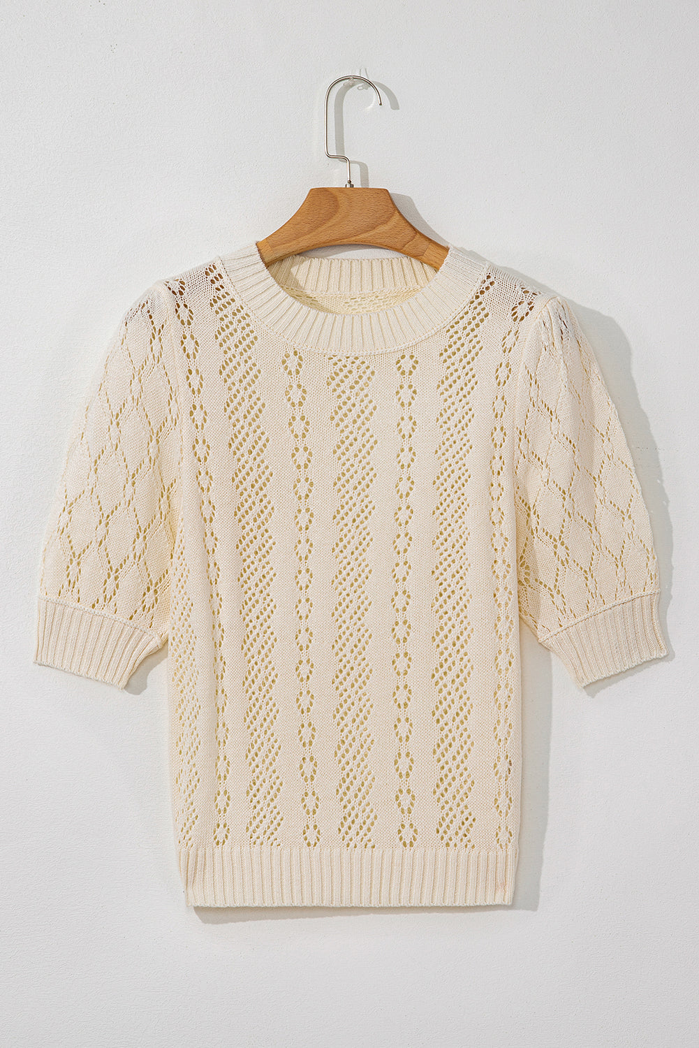 Beige Hollowed Pattern Knit Short Puff Sleeve Sweater-Sweaters & Cardigans/Short Sleeve Sweaters-[Adult]-[Female]-2022 Online Blue Zone Planet