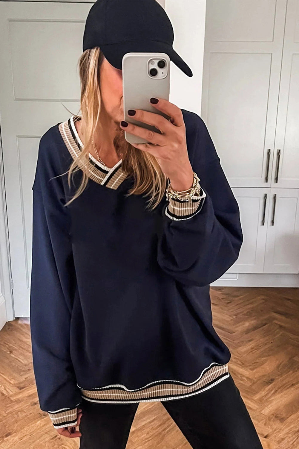 Navy Blue Varsity Contrast Striped Trim V Neck Sweatshirt-Tops/Sweatshirts & Hoodies-[Adult]-[Female]-2022 Online Blue Zone Planet