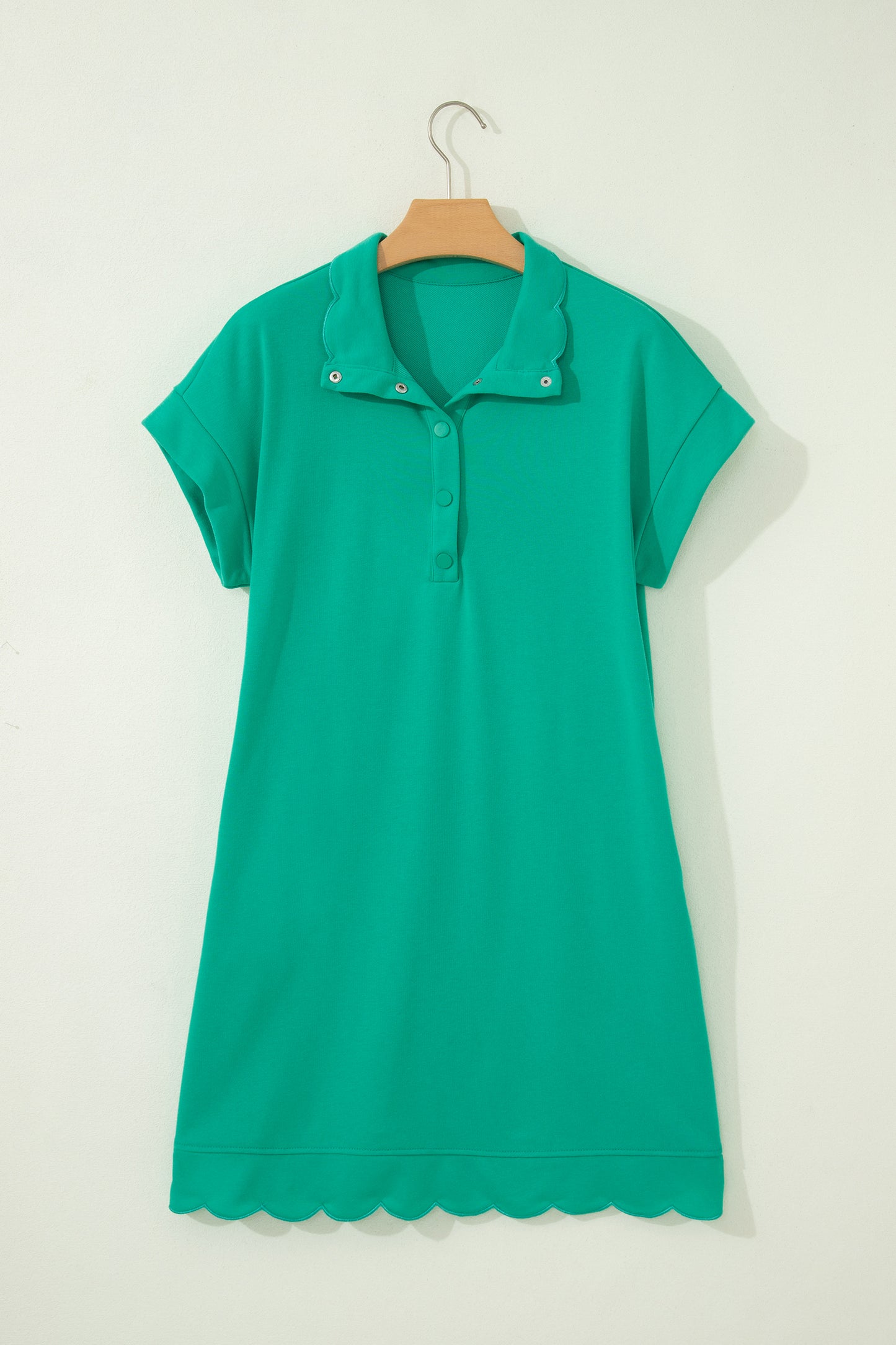 Sea Green Solid Color Snap Button Polo Collar Short Sleeve Scallop Hem Mini Dress-TOPS / DRESSES-[Adult]-[Female]-2022 Online Blue Zone Planet