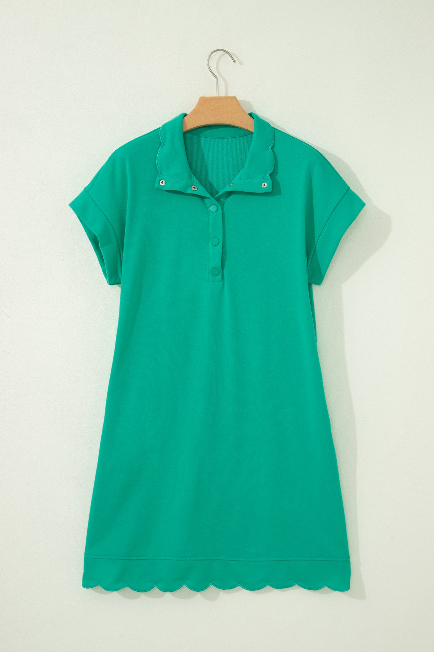 Sea Green Solid Color Snap Button Polo Collar Short Sleeve Scallop Hem Mini Dress-TOPS / DRESSES-[Adult]-[Female]-2022 Online Blue Zone Planet