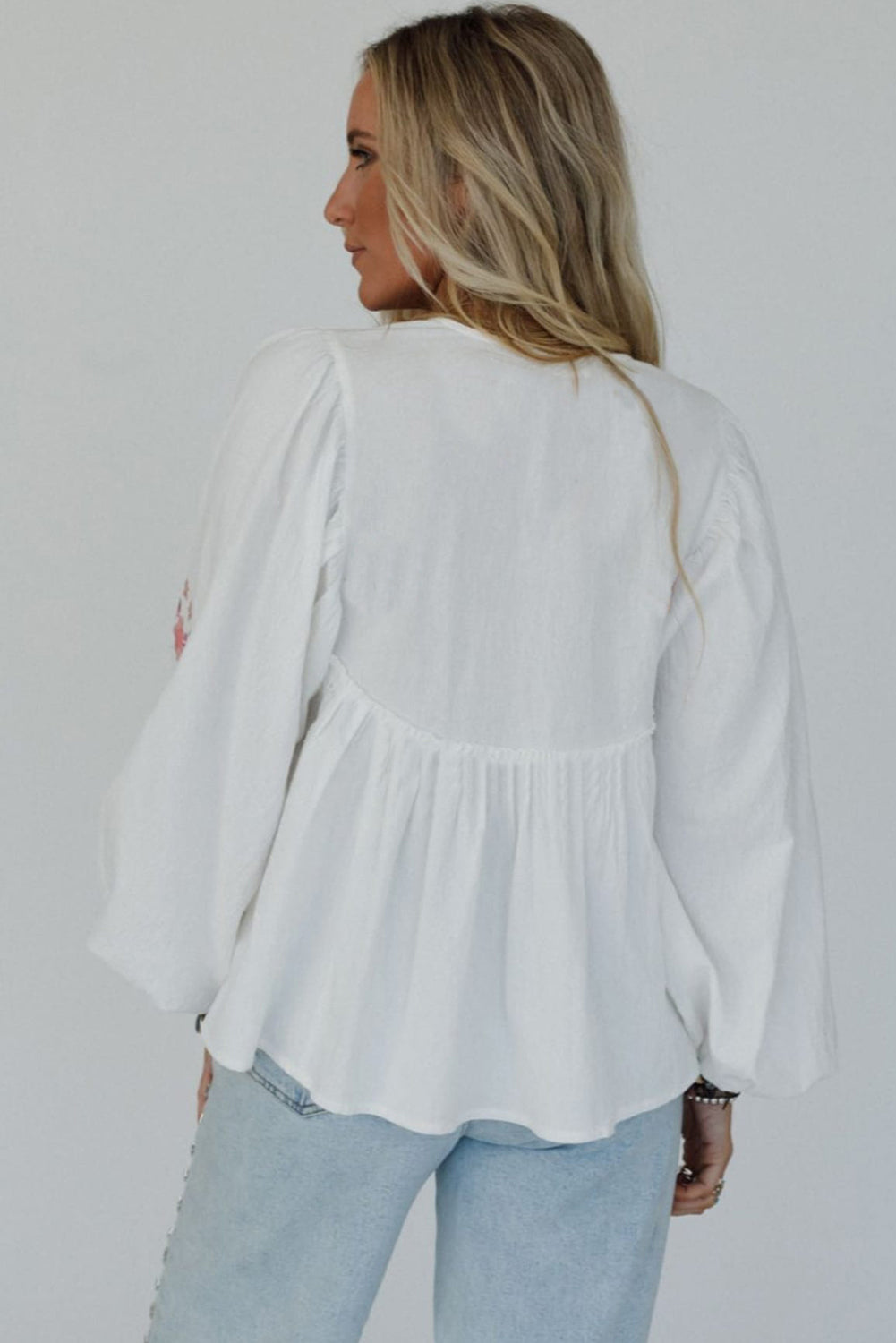 White Flower Lace-Up V Neck Babydoll Blouse-Tops/Blouses & Shirts-[Adult]-[Female]-2022 Online Blue Zone Planet
