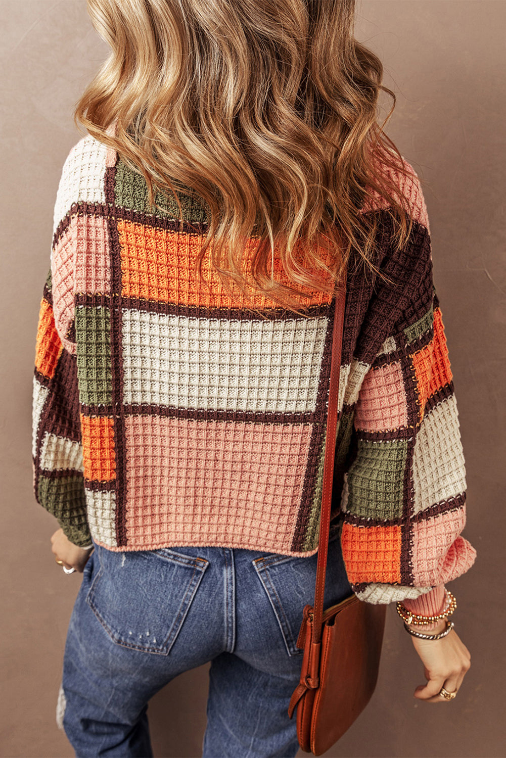 Orange Color Block Waffle Knit Drawstring Mock Neck Sweater-Sweaters & Cardigans/Sweaters-[Adult]-[Female]-2022 Online Blue Zone Planet