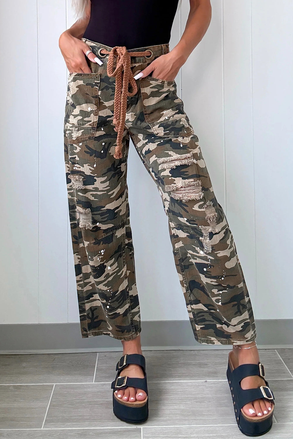 Green Camouflage Print Splashed Distressed Loose Denim Pants-Bottoms/Pants & Culotte-[Adult]-[Female]-Green-4-2022 Online Blue Zone Planet