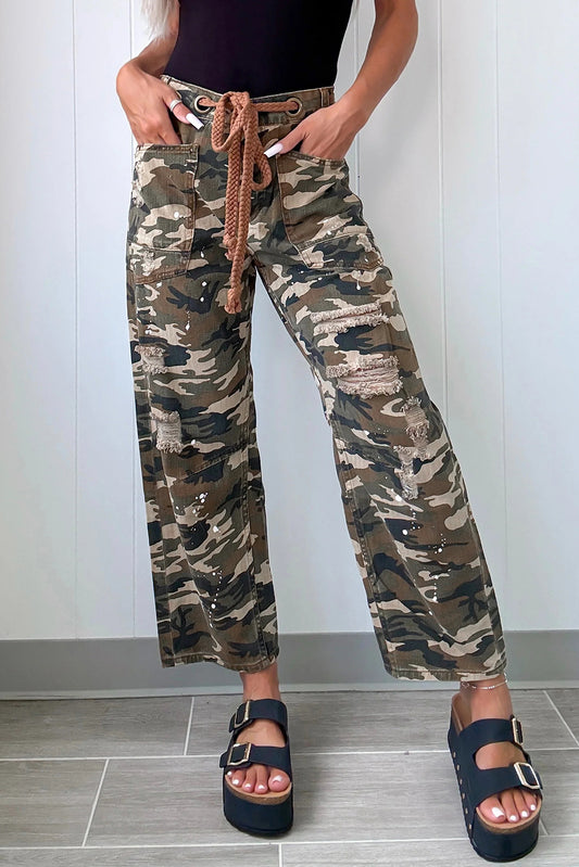Green Camouflage Print Splashed Distressed Loose Denim Pants-Bottoms/Pants & Culotte-[Adult]-[Female]-Green-4-2022 Online Blue Zone Planet