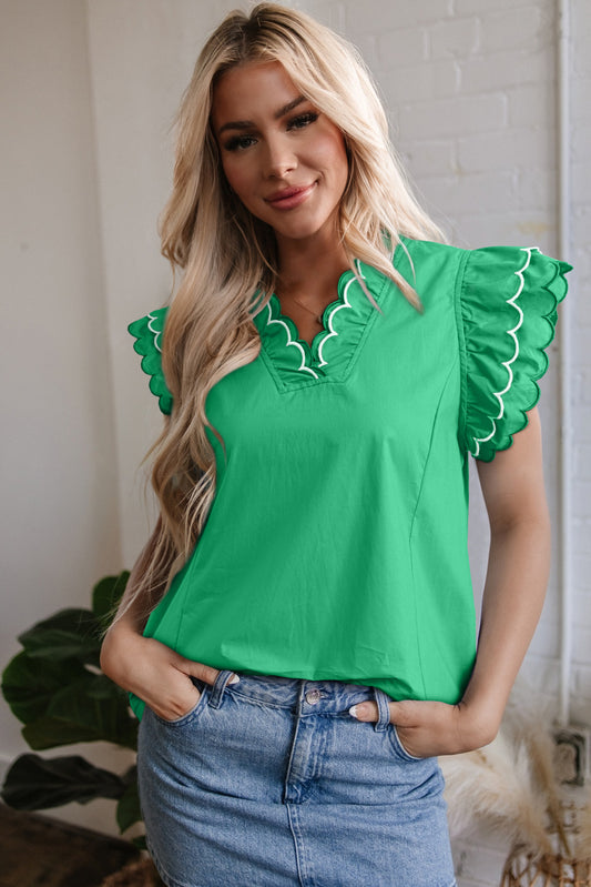 Bright Green Contrast Scallop Trim Layered Short Sleeve V Neck Blouse-Tops/Blouses & Shirts-[Adult]-[Female]-Bright Green-S-2022 Online Blue Zone Planet