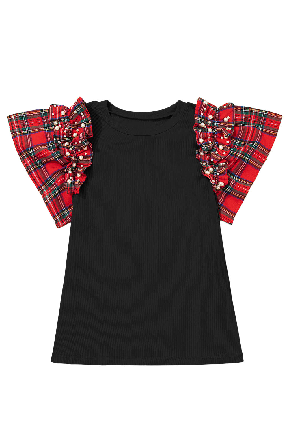 Black Plaid Pearl Ruffle Short Sleeve Loose T Shirt-Tops/Tops & Tees-[Adult]-[Female]-2022 Online Blue Zone Planet