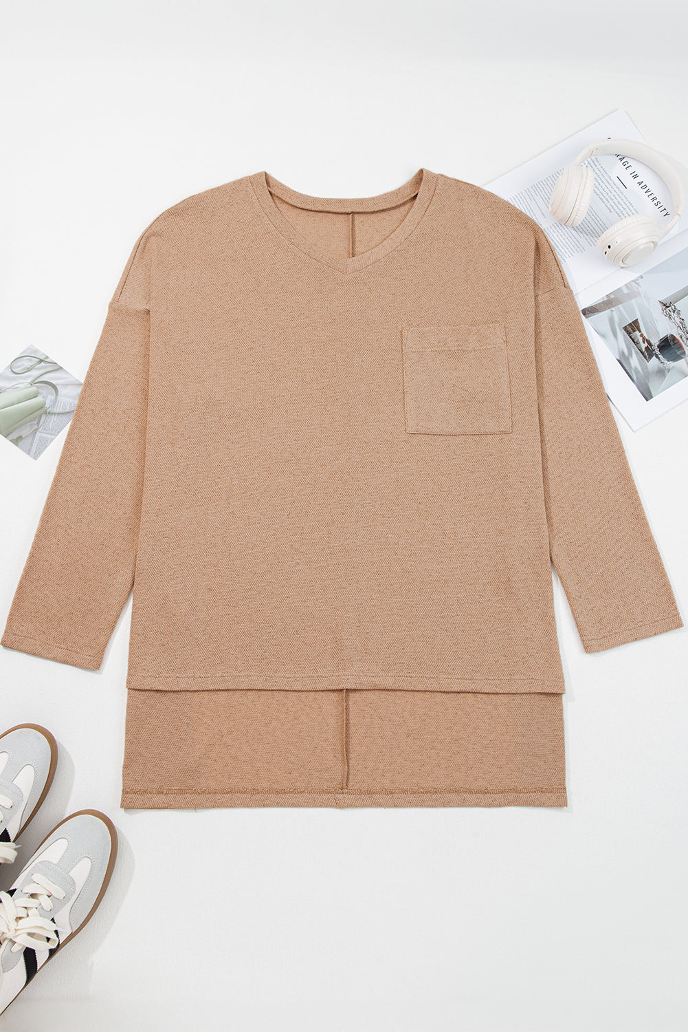 Parchment Plus Size Drop Shoulder Knit Tunic Top-Plus Size/Plus Size Tops/Plus Size Long Sleeve Tops-[Adult]-[Female]-2022 Online Blue Zone Planet