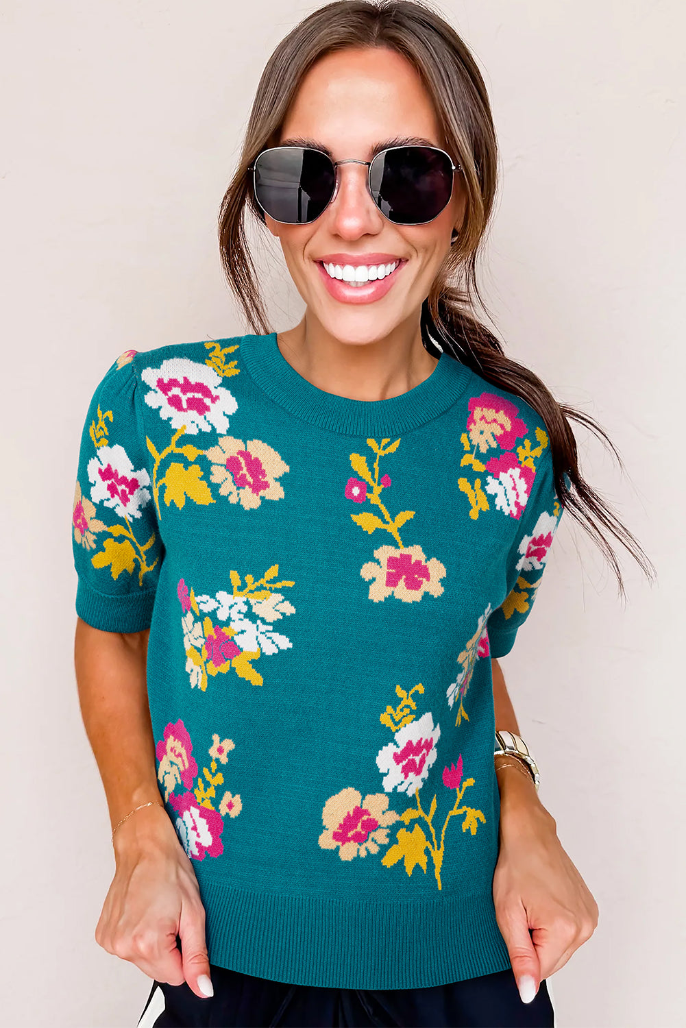 Blue Flower Pattern Mock Neck Short Sleeve Knitted T Shirt-Sweaters & Cardigans/Short Sleeve Sweaters-[Adult]-[Female]-2022 Online Blue Zone Planet