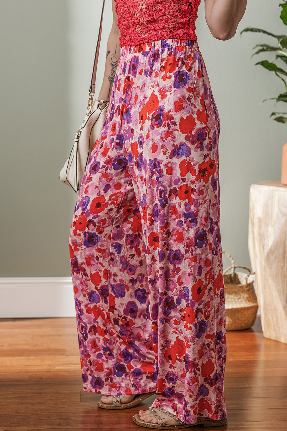 Purple Floral Wide Leg Elastic High Waist Pants-Bottoms/Pants & Culotte-[Adult]-[Female]-2022 Online Blue Zone Planet