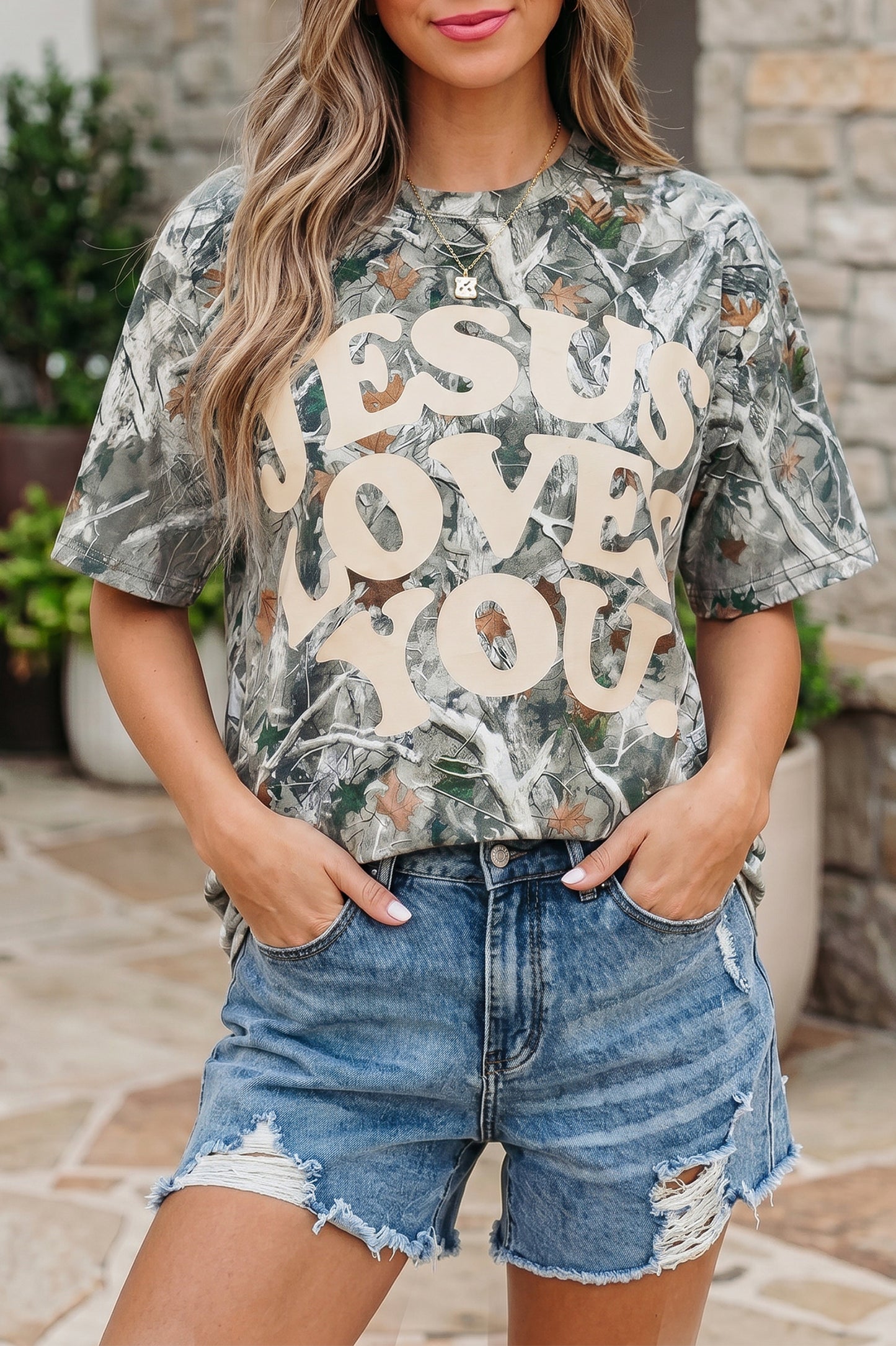 Beige Camo Woodland Love Like Jesus Casual Tee-Tops/Tops & Tees-[Adult]-[Female]-2022 Online Blue Zone Planet