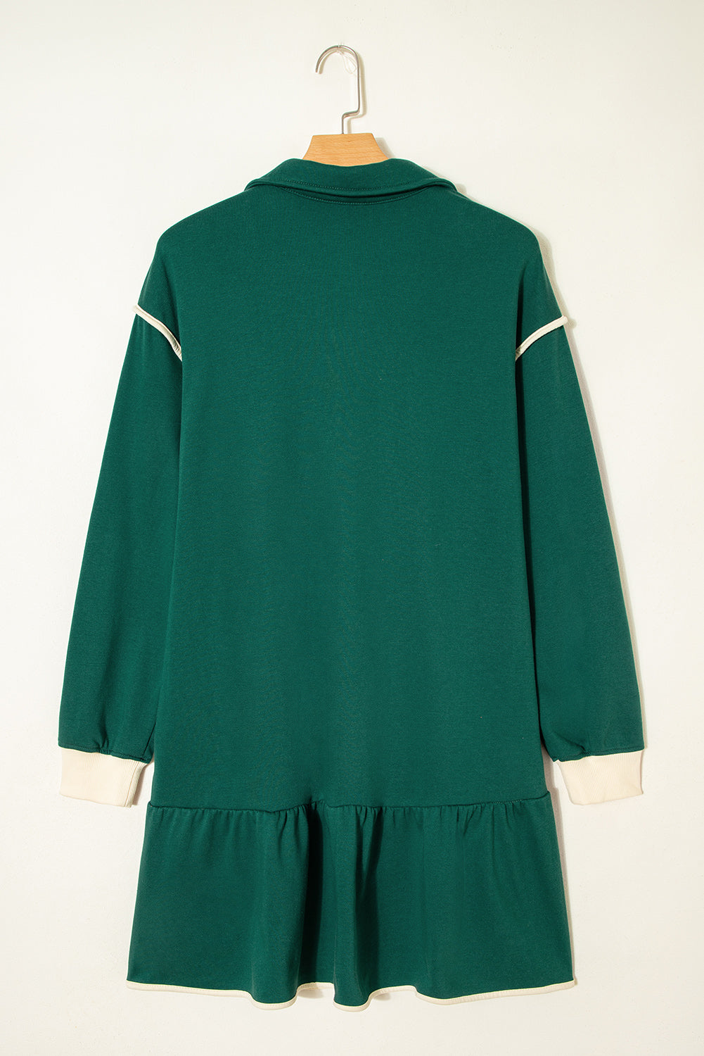 Evergreen Contrast Trim Zip Collar Long Sleeve Ruffle Hem Mini Dress-Dresses/Mini Dresses-[Adult]-[Female]-2022 Online Blue Zone Planet