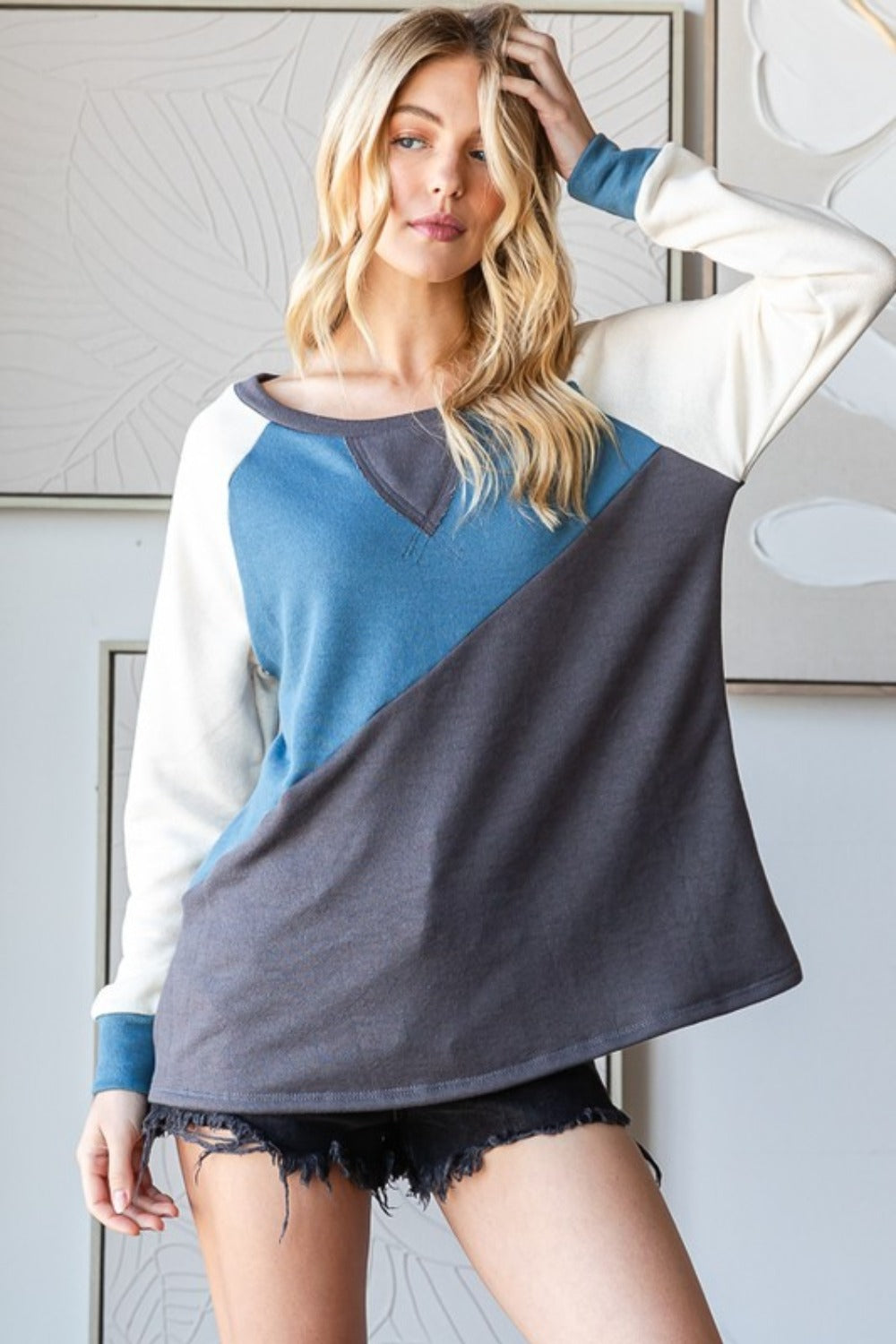 HOPELY Color Block Long Sleeve T-Shirt-TOPS / DRESSES-[Adult]-[Female]-Denim/Charcoal-S-2022 Online Blue Zone Planet