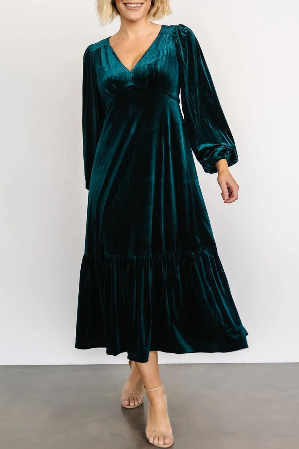 V-Neck Long Sleeve Midi Velvet Dress-TOPS / DRESSES-[Adult]-[Female]-Black Forest-S-2022 Online Blue Zone Planet