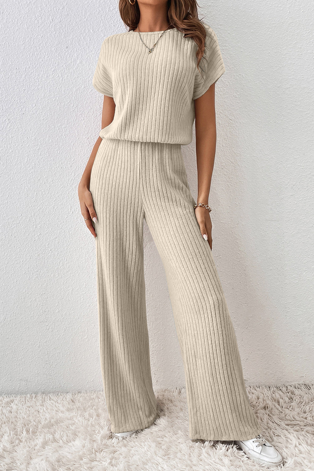 Laurel Green Ribbed Keyhole Short Sleeve Wide Leg Jumpsuit-Bottoms/Jumpsuits & Rompers-[Adult]-[Female]-2022 Online Blue Zone Planet