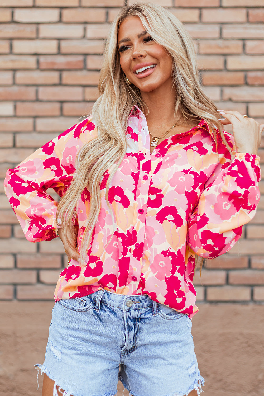 Pink Blooming Floral Print Puff Sleeve Buttoned Shirt-Tops/Blouses & Shirts-[Adult]-[Female]-2022 Online Blue Zone Planet