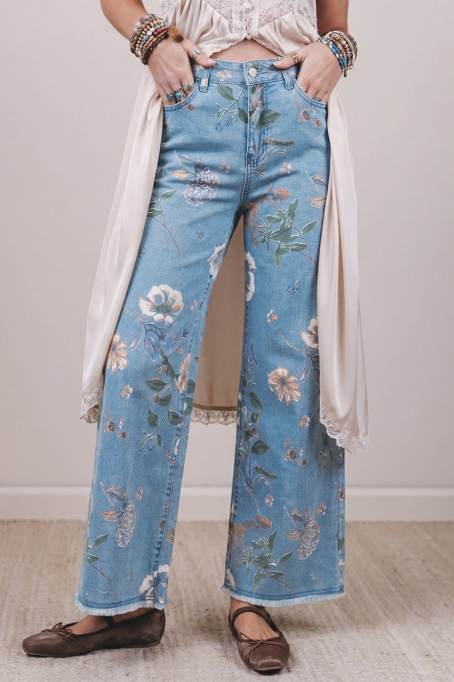 Sky Blue Retro Floral Print Frayed Hem Shift Jeans-Bottoms/Jeans-[Adult]-[Female]-Sky Blue-4-2022 Online Blue Zone Planet