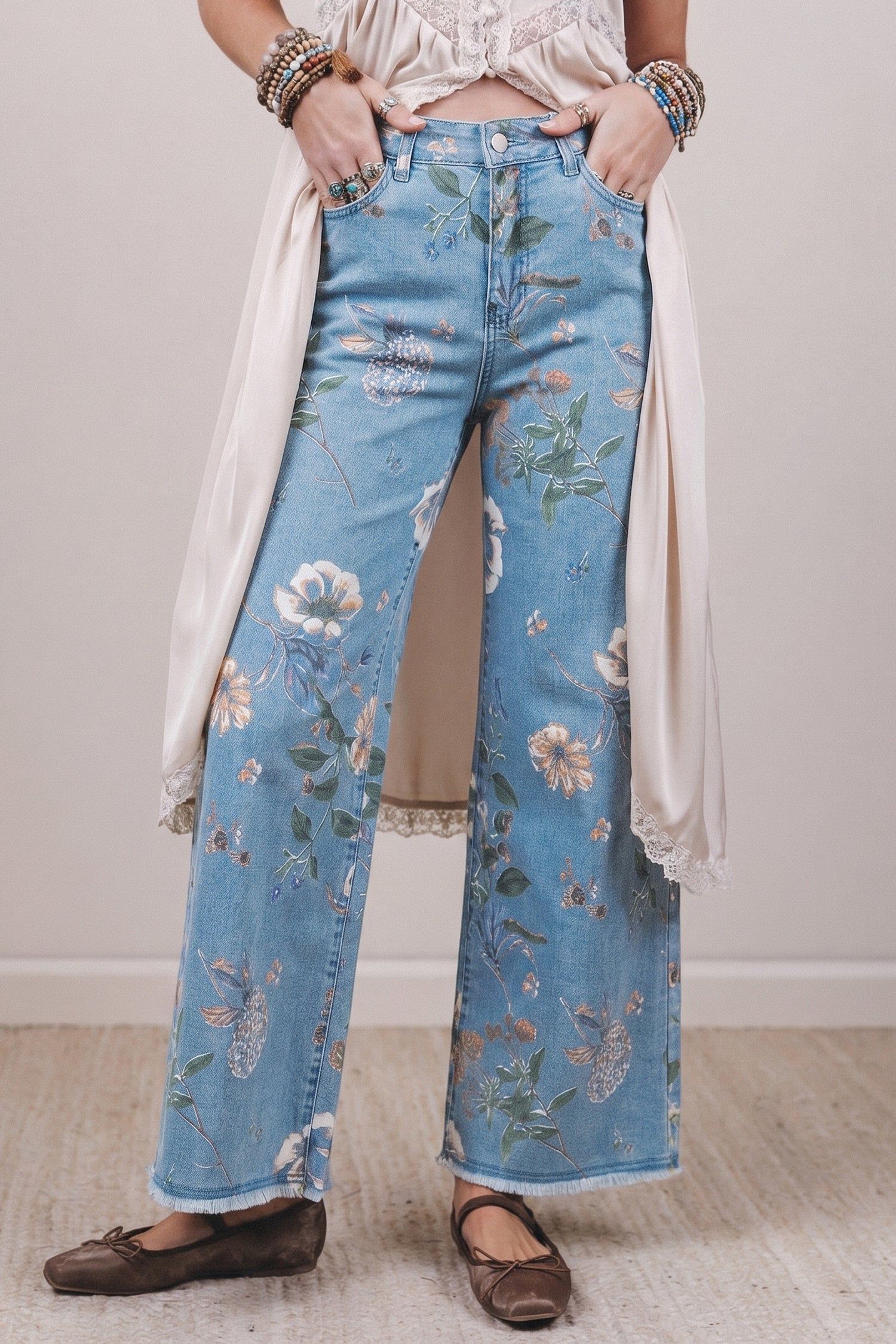 Sky Blue Retro Floral Print Frayed Hem Shift Jeans-Bottoms/Jeans-[Adult]-[Female]-Sky Blue-4-2022 Online Blue Zone Planet