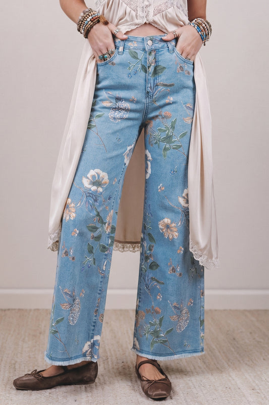 Sky Blue Retro Floral Print Frayed Hem Shift Jeans-Bottoms/Jeans-[Adult]-[Female]-Sky Blue-4-2022 Online Blue Zone Planet