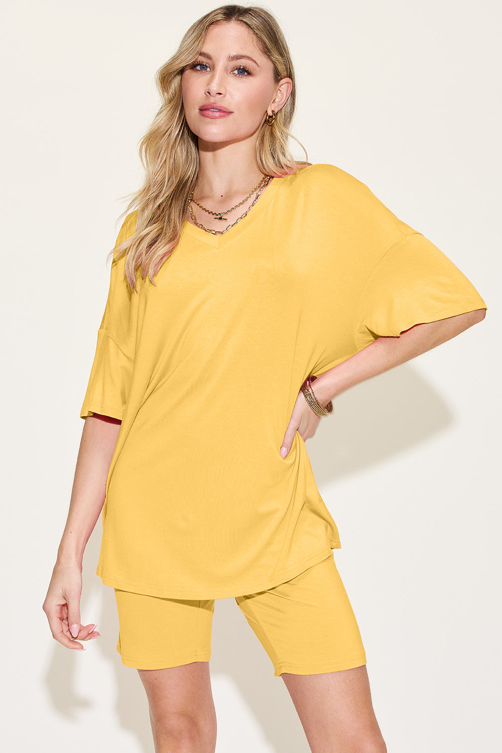 Basic Bae Bamboo Full Size V-Neck Drop Shoulder T-Shirt and Shorts Set-TOPS / DRESSES-[Adult]-[Female]-Yellow-S-2022 Online Blue Zone Planet