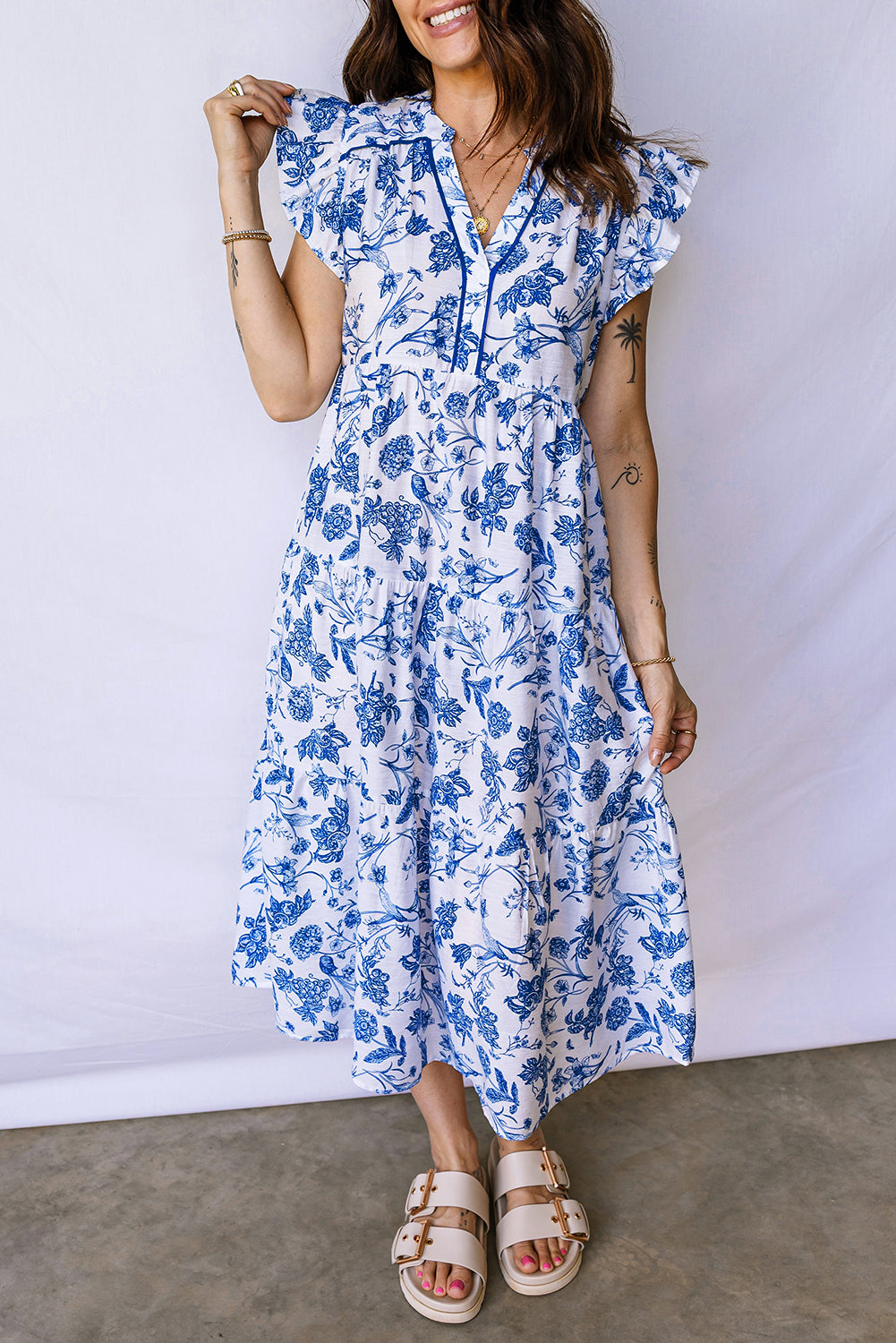 Blue Ruffled Short Sleeve Tiered Floral Midi Dress-Dresses/Floral Dresses-[Adult]-[Female]-2022 Online Blue Zone Planet