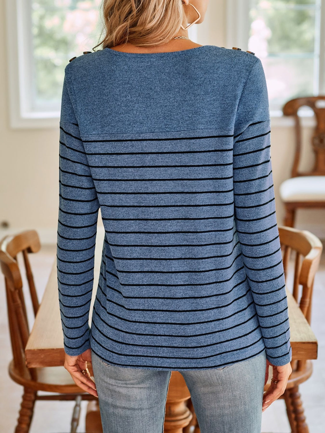 Blue Zone Planet | Lovelet Striped Round Neck Long Sleeve T-Shirt-TOPS / DRESSES-[Adult]-[Female]-2022 Online Blue Zone Planet