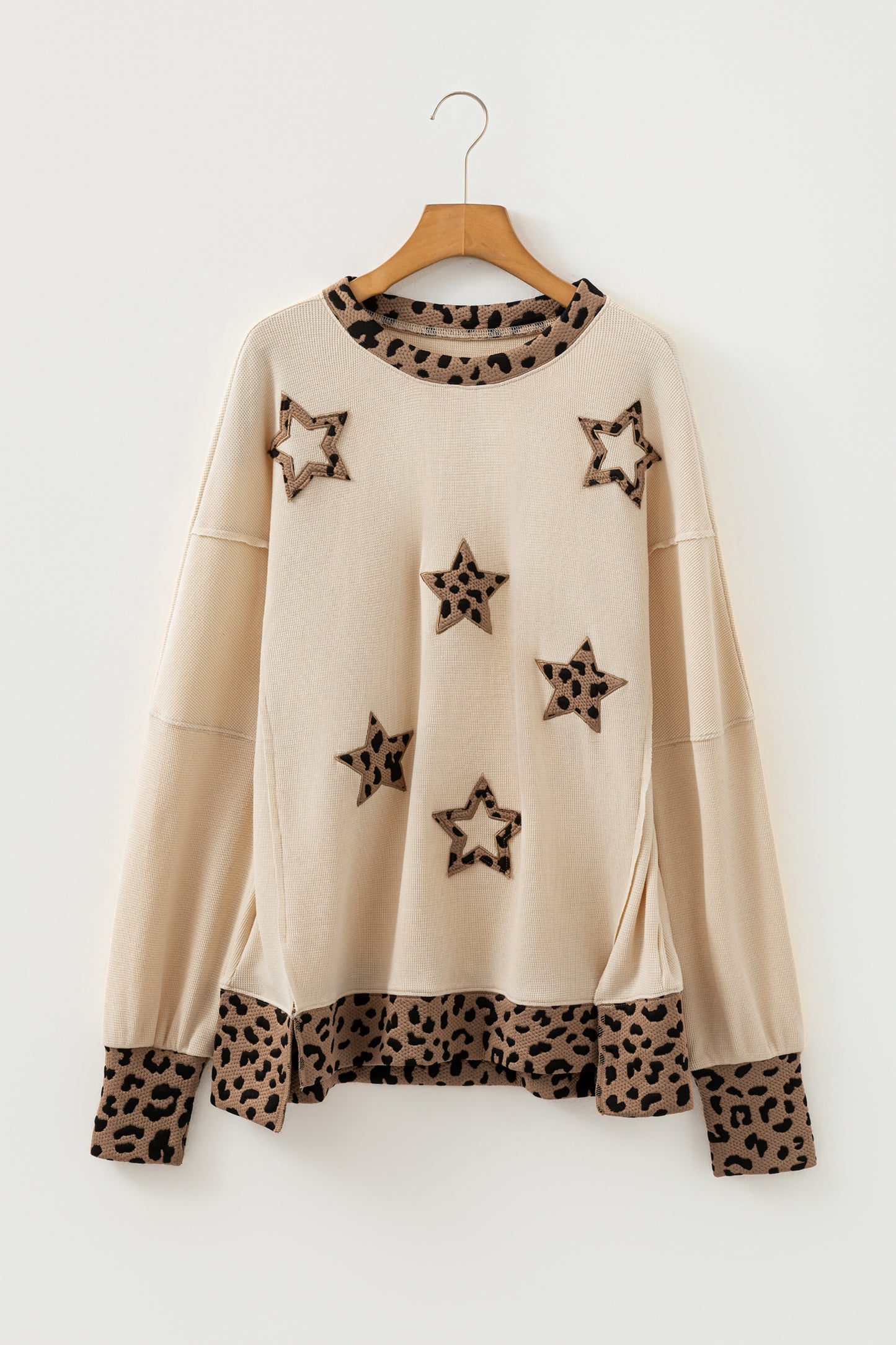 Beige Contrast Leopard Star Patchwork Detail Raw Seam Baggy Sweatshirt-Tops/Sweatshirts & Hoodies-[Adult]-[Female]-2022 Online Blue Zone Planet