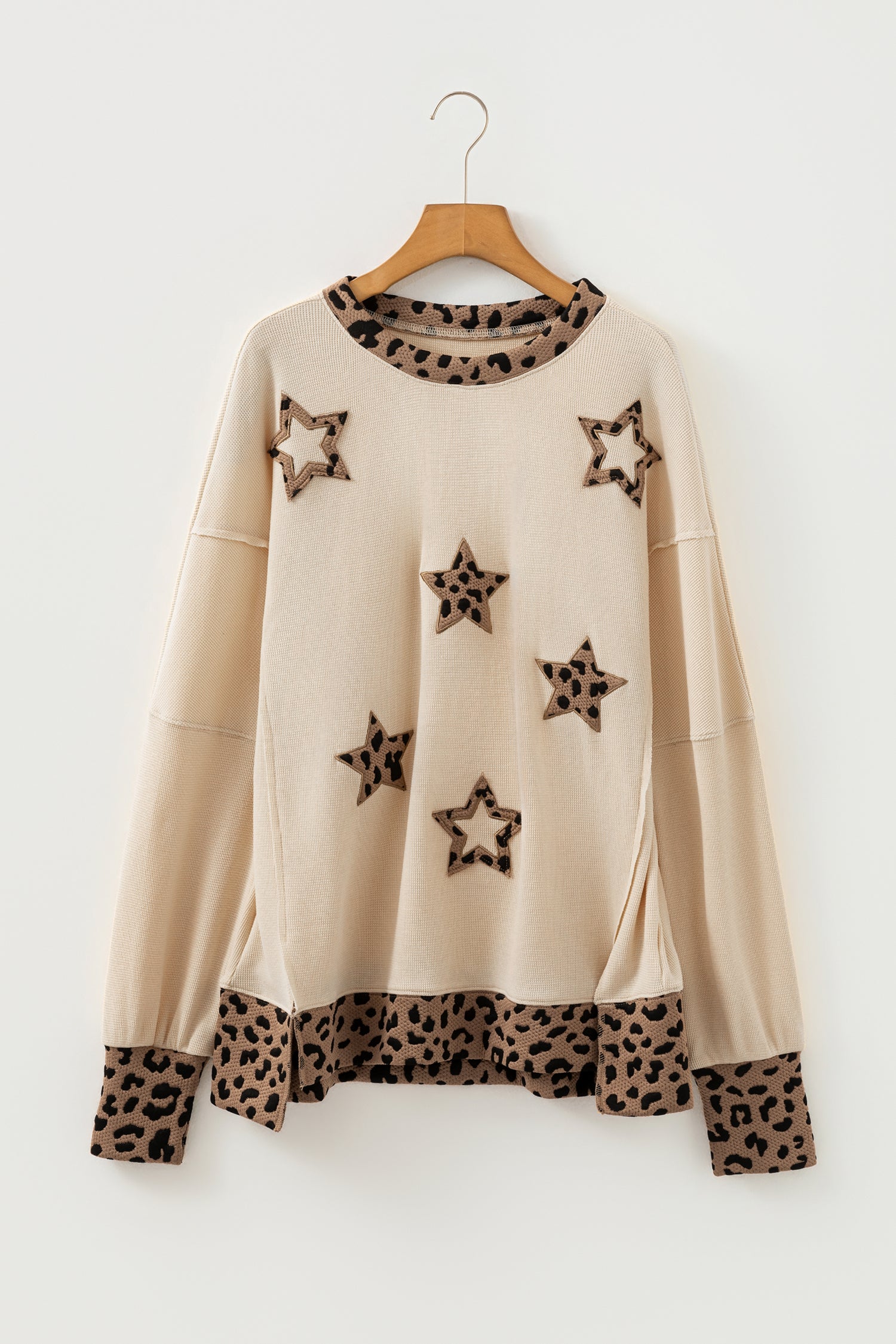 Beige Contrast Leopard Star Patchwork Detail Raw Seam Baggy Sweatshirt-Tops/Sweatshirts & Hoodies-[Adult]-[Female]-2022 Online Blue Zone Planet