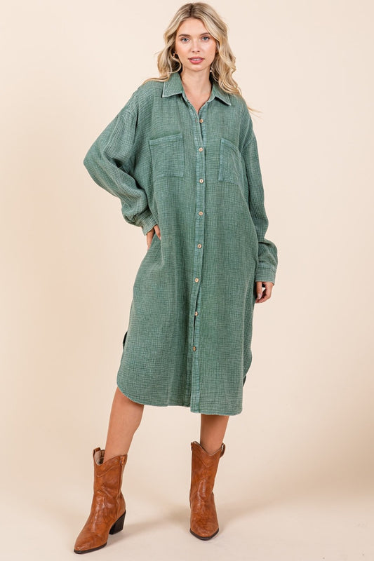 Mittoshop Mineral Wash Cotton Gauze Midi Shirt Dress-TOPS / DRESSES-[Adult]-[Female]-Pine-S-2022 Online Blue Zone Planet