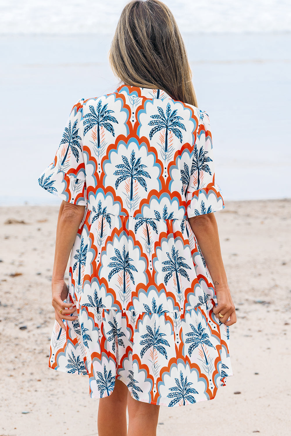 Orange Contrast Palm Tree Printed Short Sleeve Flowy Dress-TOPS / DRESSES-[Adult]-[Female]-2022 Online Blue Zone Planet