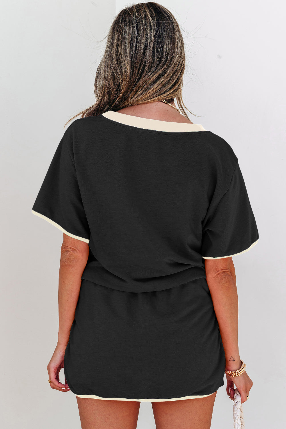 Black Colorblock Edge Drop Shoulder T Shirt and Skort 2Pcs Set-Two Piece Sets/Two Piece Dresses-[Adult]-[Female]-2022 Online Blue Zone Planet